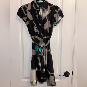 Theory Black, Taupe & Teal Abstract Tie-Waist Midi Silk Dress